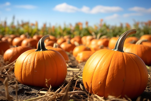 Scène de récolte d'automne vibrante de champ de citrouilles