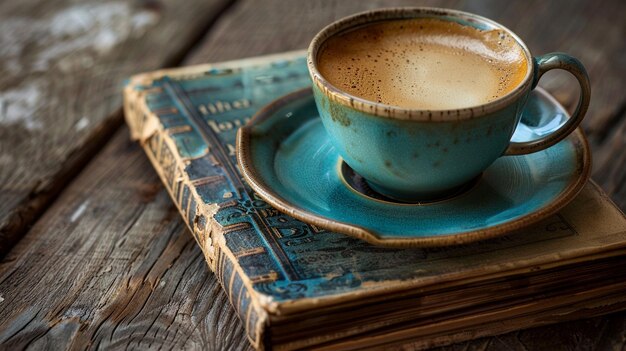 Scène de relaxation avec un livre vintage et une tasse de café