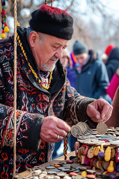 Photo une scène représentant l'ancienne tradition d'attacher des pièces à martisor une scène représentant les anciennes traditi