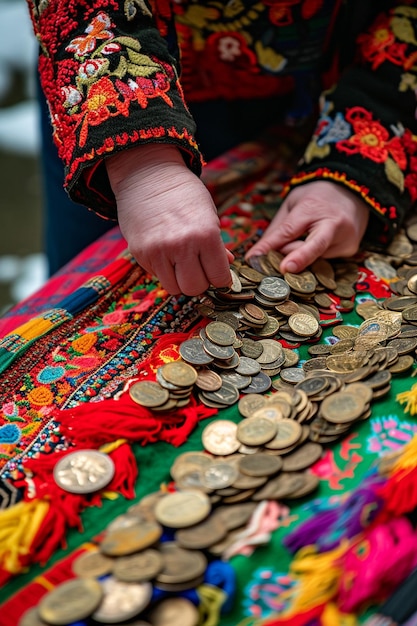 une scène représentant l'ancienne tradition d'attacher des pièces à Martisor une scène représentant les anciennes traditi