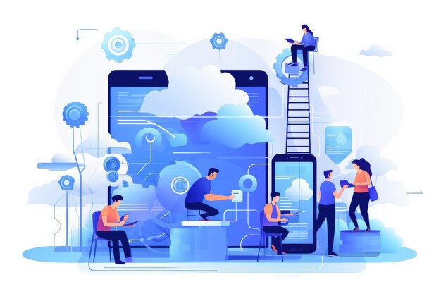 Scène représentant une équipe de développeurs travaillant sur le mobile