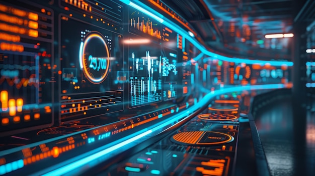 Une scène représentant l'intersection de la technologie et de l'analyse des données avec des éléments visuels dynamiques