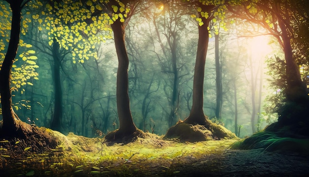 Une scène de rêve surréaliste d'une forêt verdoyante avec une douce lueur éthérée