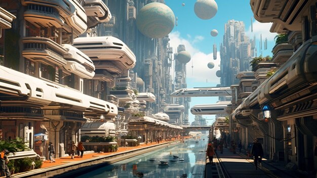 Scène de rêve d'une ville futuriste avec des flottants