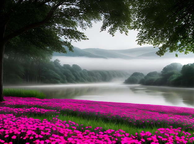 Scène de rivière brumeuse avec néon de fleurs 3D