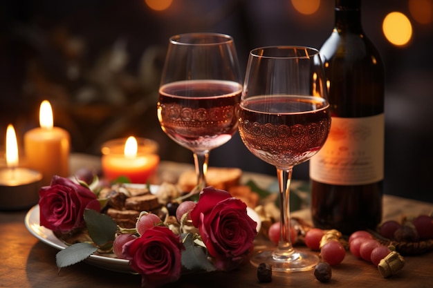 Une scène de romance avec des bougies rougeoyantes au vin rouge, des roses et des lumières floues