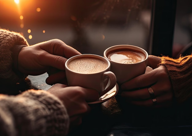 Une scène romantique de deux mains tenant des tasses à café capturées en flou artistique L'angle de la caméra est de