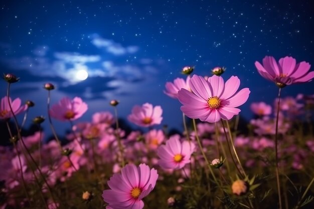 Photo scène romantique de la nuit une belle fleur rose qui fleurit