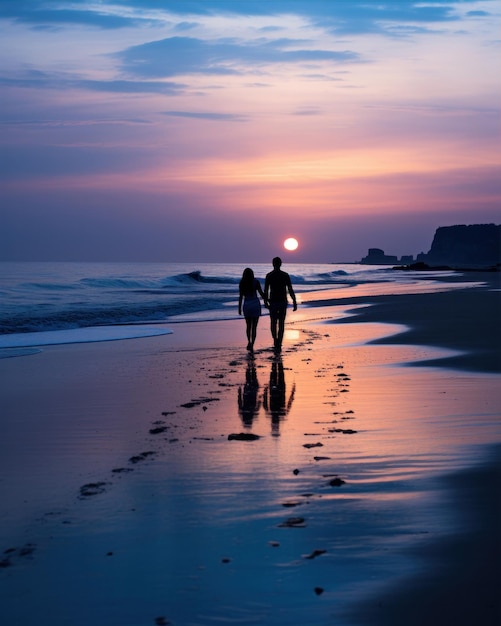 scène romantique sur la plage couple marchant sur le coucher de soleil sur le sable