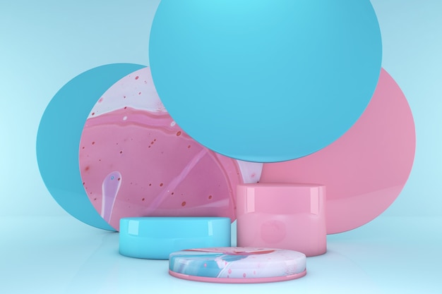 Scène rose et bleue minimale avec podium isolé sur fond pastel. Formes géométriques. Rendu 3d minimal. Scène aux formes géométriques pour produit cosmétique. rendu 3D.