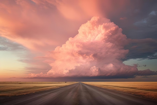 une scène d'une route tranquille sous un ciel nuageux inquiétant dans le style rose clair et orange