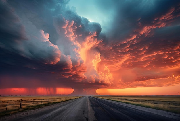 une scène d'une route tranquille sous un ciel nuageux inquiétant dans le style rose clair et orange