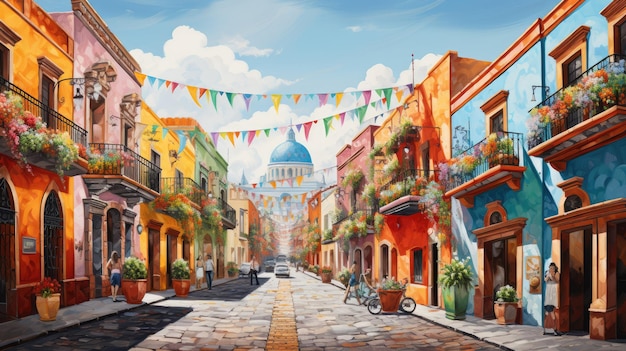 une scène de rue animée avec des maisons décorées d'un motif de crâne de sucre coloré