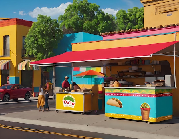 Une scène de rue animée avec un vendeur de tacos sous un auvent coloré