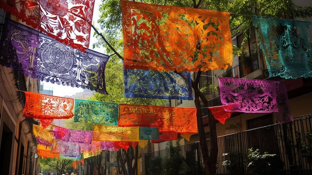 Une scène de rue avec des bannières colorées pour les fêtes mexicaines.