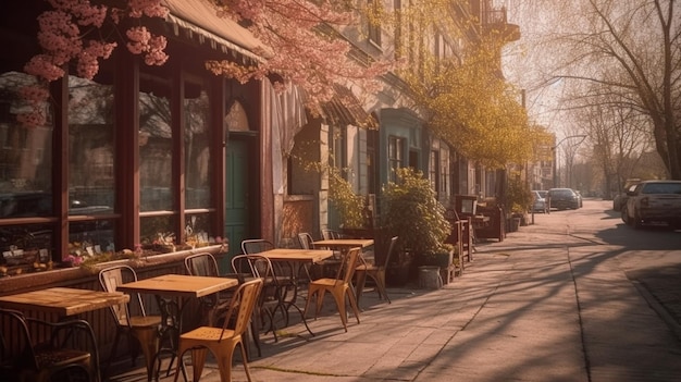 Une scène de rue avec un café et un arbre à fleurs roses.