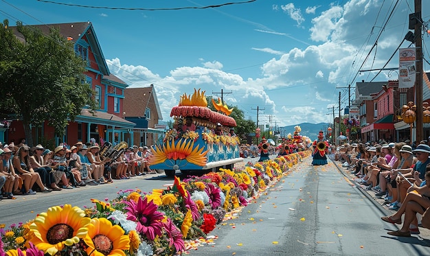 Photo une scène de rue avec des fleurs et des gens sur le côté