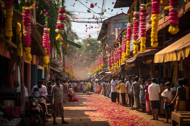 une scène de rue avec des gens et des fleurs dans la rue.