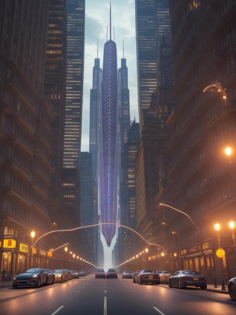 Une scène de rue avec un grand immeuble et un panneau indiquant "burj khalifa"