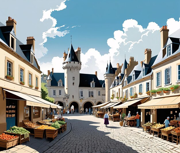 une scène de rue avec un marché et des bâtiments