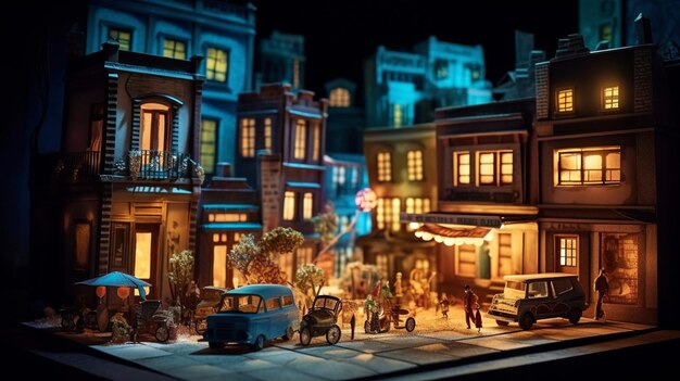 Une scène de rue miniature avec un bâtiment et une scène de rue.