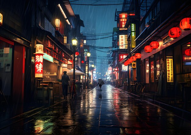 scène de rue de nuit pluvieuse à Tokyo au Japon