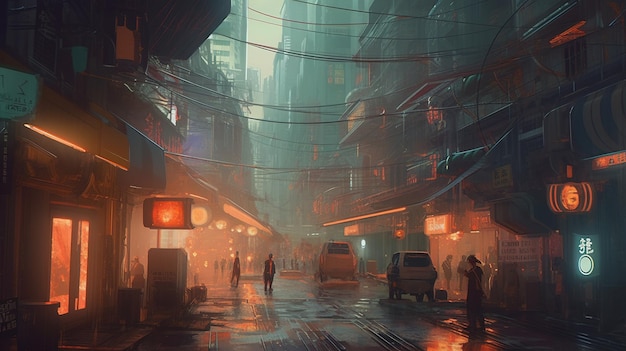 Une scène de rue avec un panneau qui dit "cyberpunk" dessus