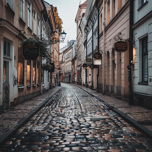 Scène de rue en pavés d'une ville européenne historique