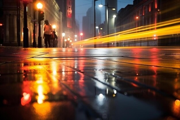 une scène de rue avec un taxi jaune qui passe