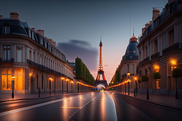 Une scène de rue avec une tour eiffel au loin