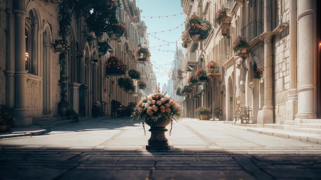 Une scène de rue avec un vase de fleurs au milieu de la rue.