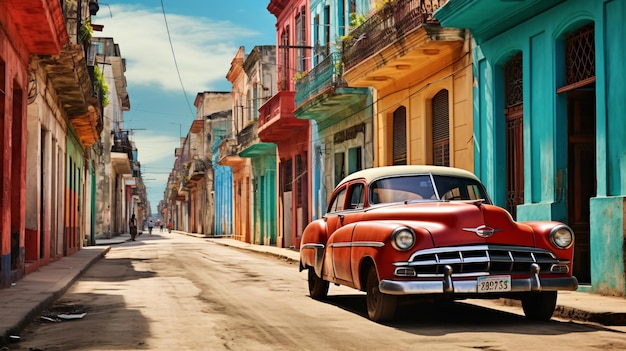 Scène de rue avec une vieille voiture classique