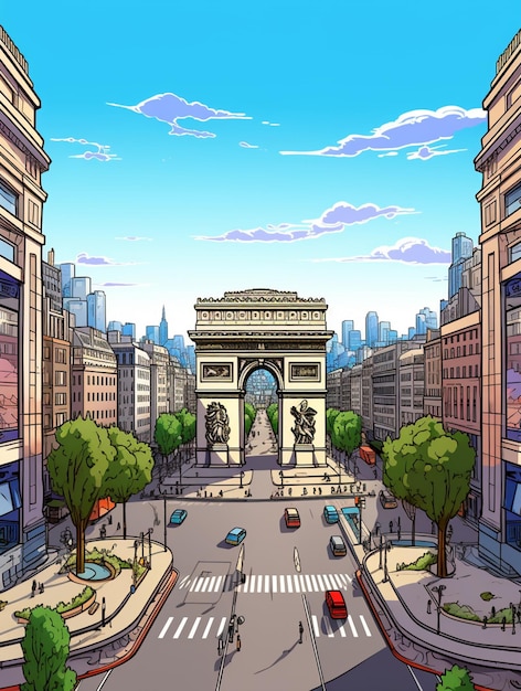 scène de rue de ville de dessin animé avec une porte de triomphe et des voitures ai générative