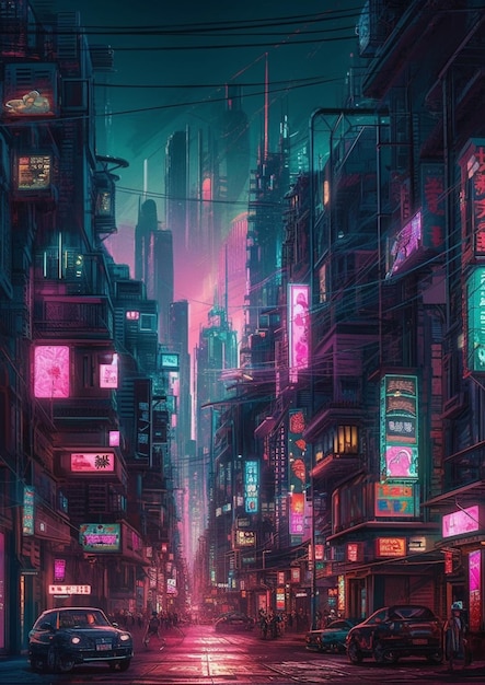 scène de rue de la ville de néon avec des voitures et des panneaux de néon la nuit