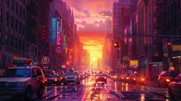 Une scène de rue de la ville se confond avec les couleurs d'un coucher de soleil vibrant