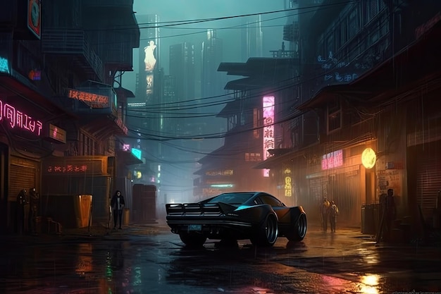 Une scène de rue avec une voiture au premier plan et une enseigne au néon qui dit cyberpunk.