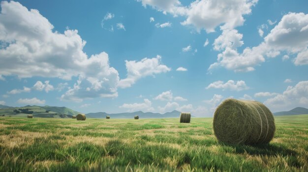 Photo scène rurale tranquille avec des balles de foin reposant dans un champ vert luxuriant sous un ciel dégagé