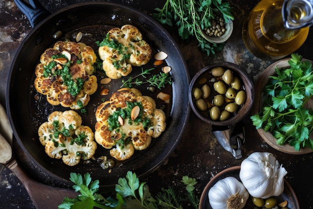 Une scène rustique des steaks de chou-fleur rôti avec de la sauce d'herbes vertes et des amandes dans une casserole bien utilisée accompagnés d'olives, de câpres et d'herbes fraîches un festin méditerranéen pour les sens