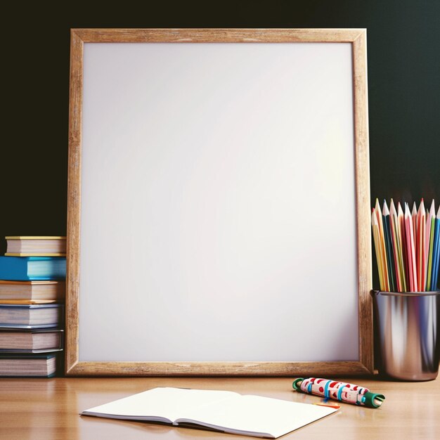 Scène de la salle de classe livre de cadre photo blanc et crayons de couleur Pour les médias sociaux Taille du message