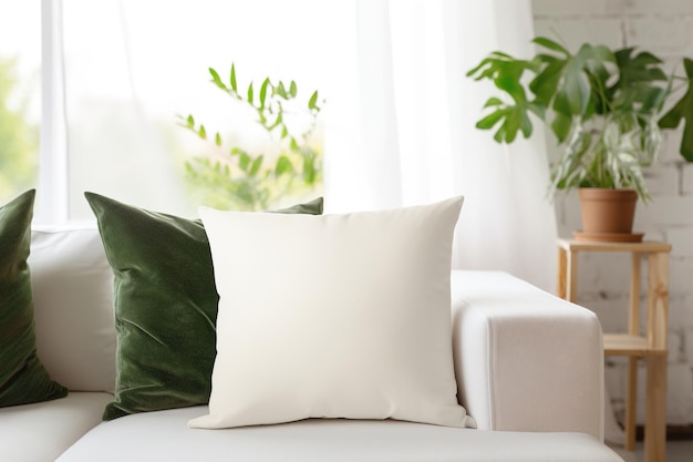 Scène de salon confortable avec un oreiller carré blanc Modèle d'étui de coussin blanc pour votre présentation de conception graphique Modèle de couverture d'oreiller pour l'impression Illustration personnalisée Closeup IA générative