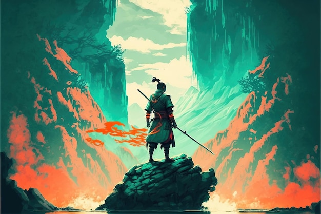 Scène de samouraï avec épée de feu debout sur le rocher art numérique style illustration peinture concept fantastique d'un samouraï avec l'épée