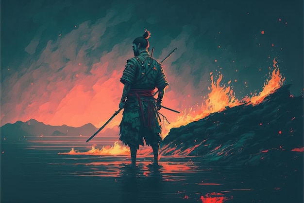 Photo scène de samouraï avec épée de feu debout sur le rocher art numérique style illustration peinture concept fantastique d'un samouraï avec l'épée