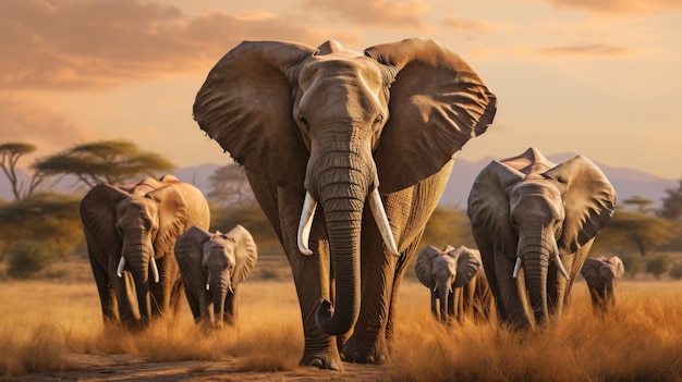 Scène de savane d'un troupeau d'éléphants errant dans la verdure vivant en harmonie et coexistant avec la nature