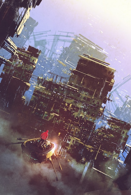 Scène de science-fiction de l'ancien bâtiment, concept cyberpunk, peinture d'illustration