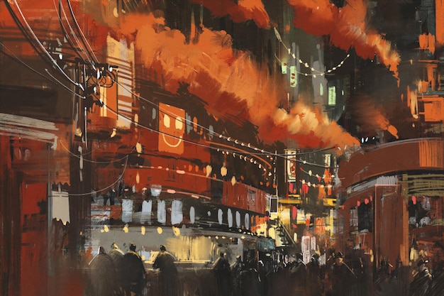 scène de science-fiction montrant le paysage urbain cyberpunk, illustration