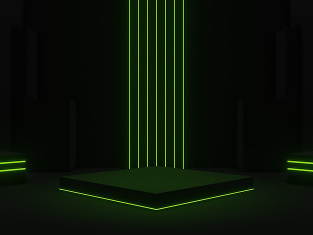 Scène scientifique noire 3d avec néons verts