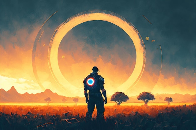 Scène Scifi montrant un homme futuriste debout dans un champ regardant la planète avec des anneaux géants illustration de style d'art numérique peinture concept fantastique d'un homme scifi dans un champ