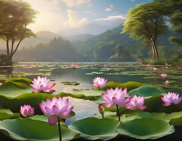 Une scène sereine au bord du lac avec des fleurs de lotus en fleurs.