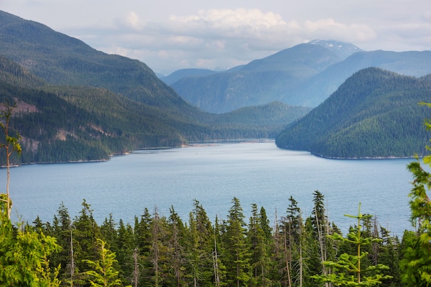 Scène sereine au bord du lac de montagne au Canada avec reflet des rochers dans l'eau calme.