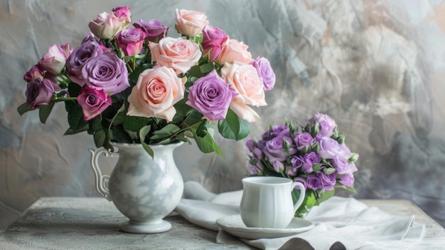 Scène sereine avec un bouquet de roses dans un vase accompagné d'une coupe de fleurs sur une table en bois